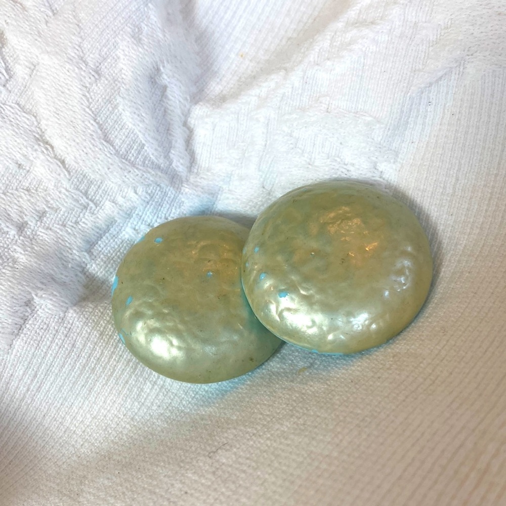 5/$25 1950s GLASS vintage domed disc pearly textured green earrings - QUALITY